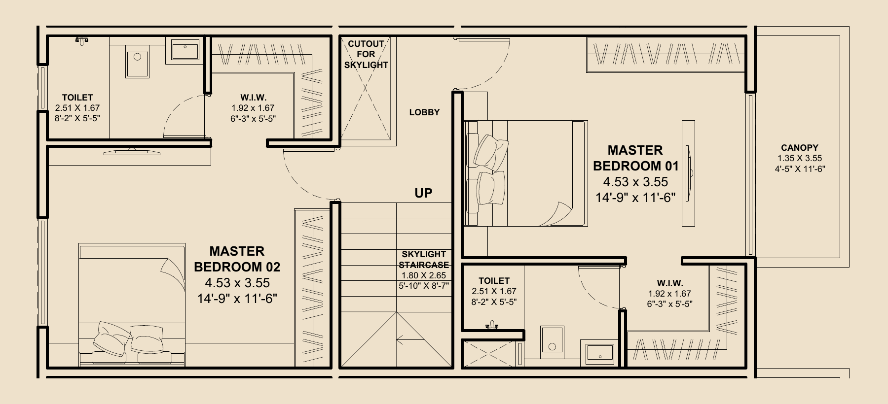 3 BHK row-house first floor showing two bedrooms, toilets and walk-in wardrobe areas