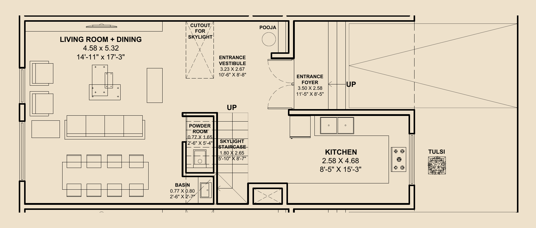 3 BHK row-house ground floor: living, dining, kitchen, foyer and powder room; no ground-floor bedroom
