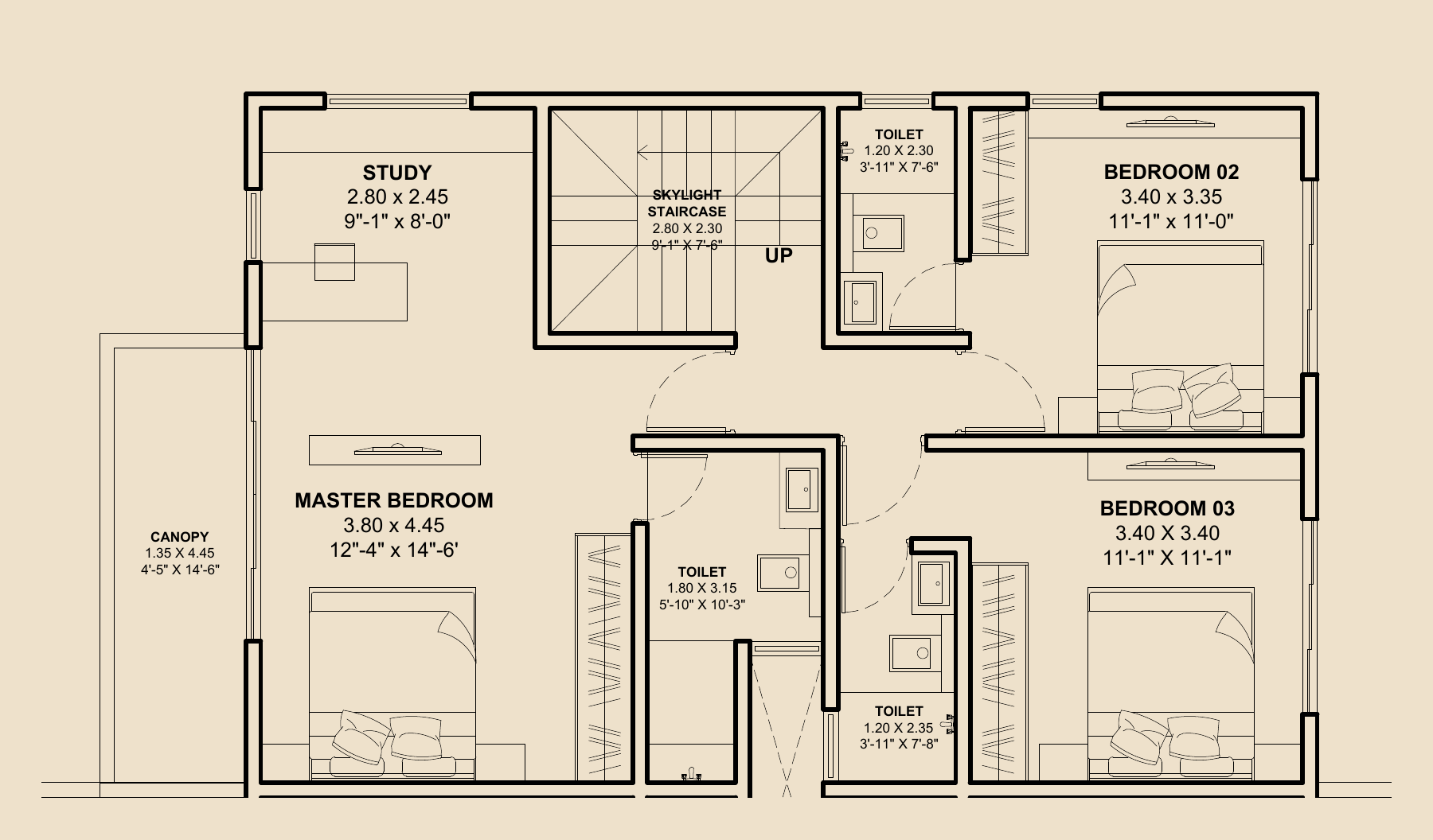 4 BHK villa first floor with three bedrooms, study, toilets and skylight staircase