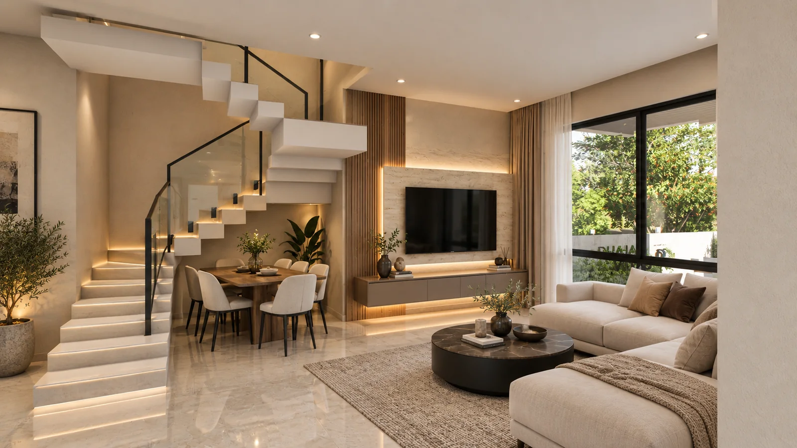 Living and dining spaces connected by the staircase in the current 4 BHK villa design