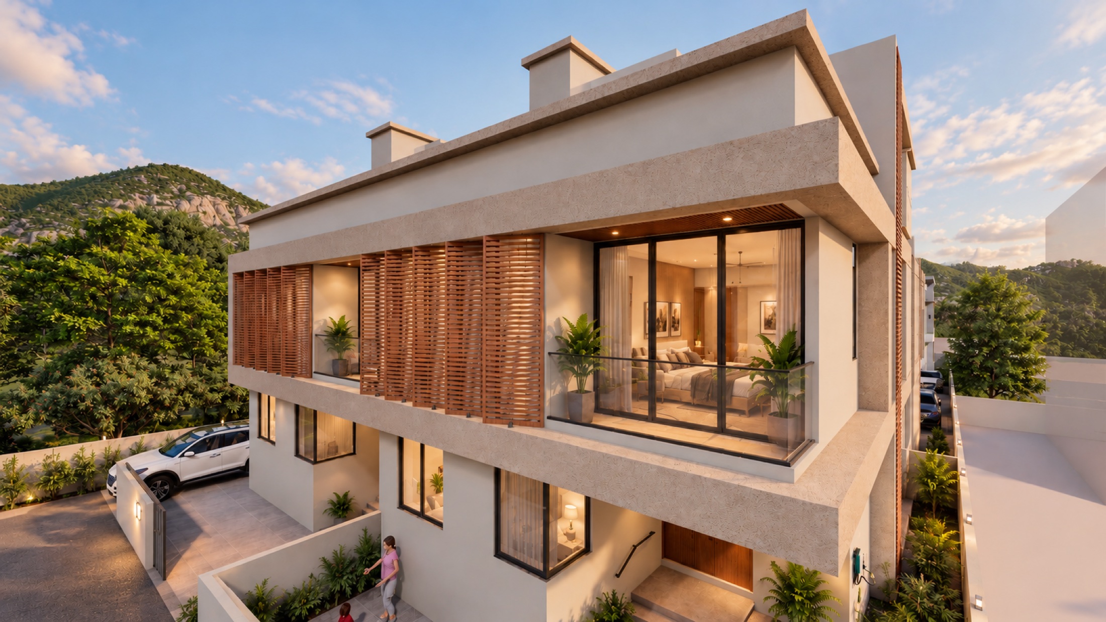 Contemporary Dharm villa exterior shown as an architectural visualisation